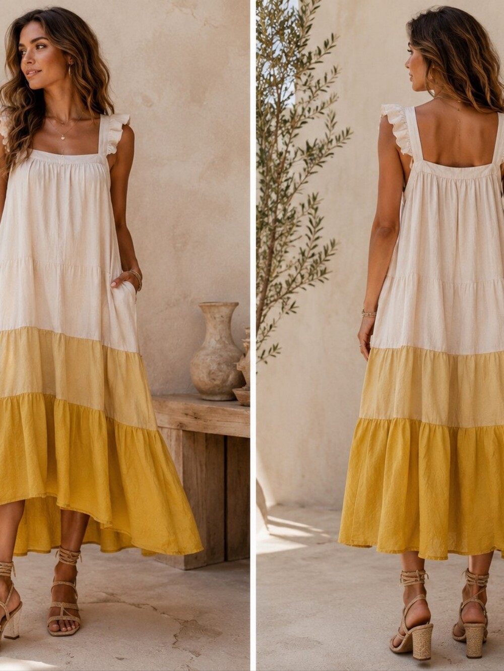 Boho Look By moodie Cream and Mustard Tiered Ruffle-Shoulder Sundress